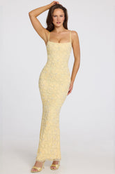 Embellished Square-Neck Maxi Dress in Butter Yellow