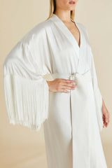 Amina Ivory Fringed Robe in Silk Satin