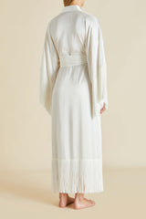 Amina Ivory Fringed Robe in Silk Satin