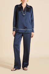 Anita Navy Pajamas in Silk Satin