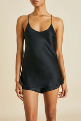 Bella Jet Black Camisole Set in Silk Satin