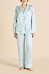 Coco Powder Blue Ivory Pajamas in Silk Satin