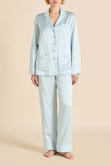 Coco Powder Blue Ivory Pajamas in Silk Satin