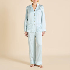 Coco Powder Blue Ivory Pajamas in Silk Satin