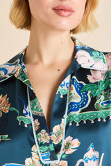 Ebba Giotto Green Plate Pajamas in Silk Satin