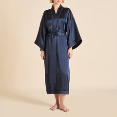 Gloria Navy Robe in Silk Satin