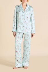 Lila Serafina Blue Floral Pajamas in Silk Satin