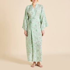 Queenie Delfina Green Floral Robe in Silk Crêpe de Chine