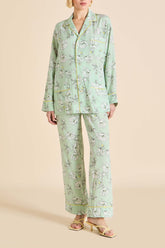 Yves Delfina Green Floral Pajamas in Silk Crêpe de Chine