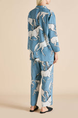 Casablanca Cordelia Blue Horse Pajamas in Silk Crêpe de Chine