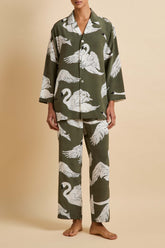 Casablanca Riba Green Swan Pajamas in Silk Crêpe de Chine