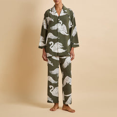 Casablanca Riba Green Swan Pajamas in Silk Crêpe de Chine