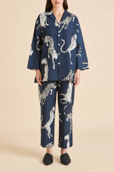 Casablanca Ziegfeld Blue Leopard Pajamas in Cotton-Silk