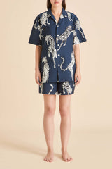 Emeli Ziegfeld Blue Leopard Pajamas in Cotton-Silk