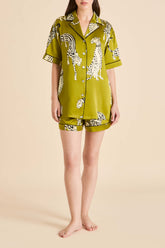 Ingo Chanson Green Leopard Pajamas in Silk Satin