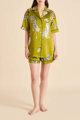 Ingo Chanson Green Leopard Pajamas in Silk Satin
