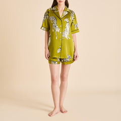 Ingo Chanson Green Leopard Pajamas in Silk Satin