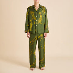 Laurent Nyra Green Leopard Pajamas in Silk Twill
