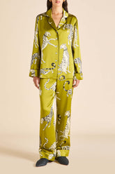 Lila Chanson Green Leopard Pajamas in Silk Satin