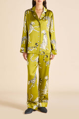 Lila Chanson Green Leopard Pajamas in Silk Satin
