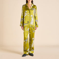 Lila Chanson Green Leopard Pajamas in Silk Satin