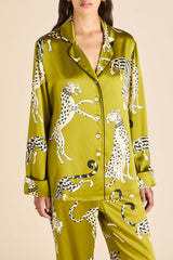 Lila Chanson Green Leopard Pajamas in Silk Satin