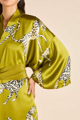Queenie Chanson Green Leopard Robe in Silk Satin