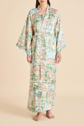 Queenie Mansion Peach Landscape Robe in Silk Satin