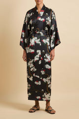 Queenie René Black Blossom Robe in Silk Satin