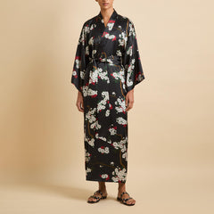 Queenie René Black Blossom Robe in Silk Satin