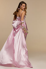 Floral Embroidered Silk Robe, Silk Camisole Top and Silk Pants Set