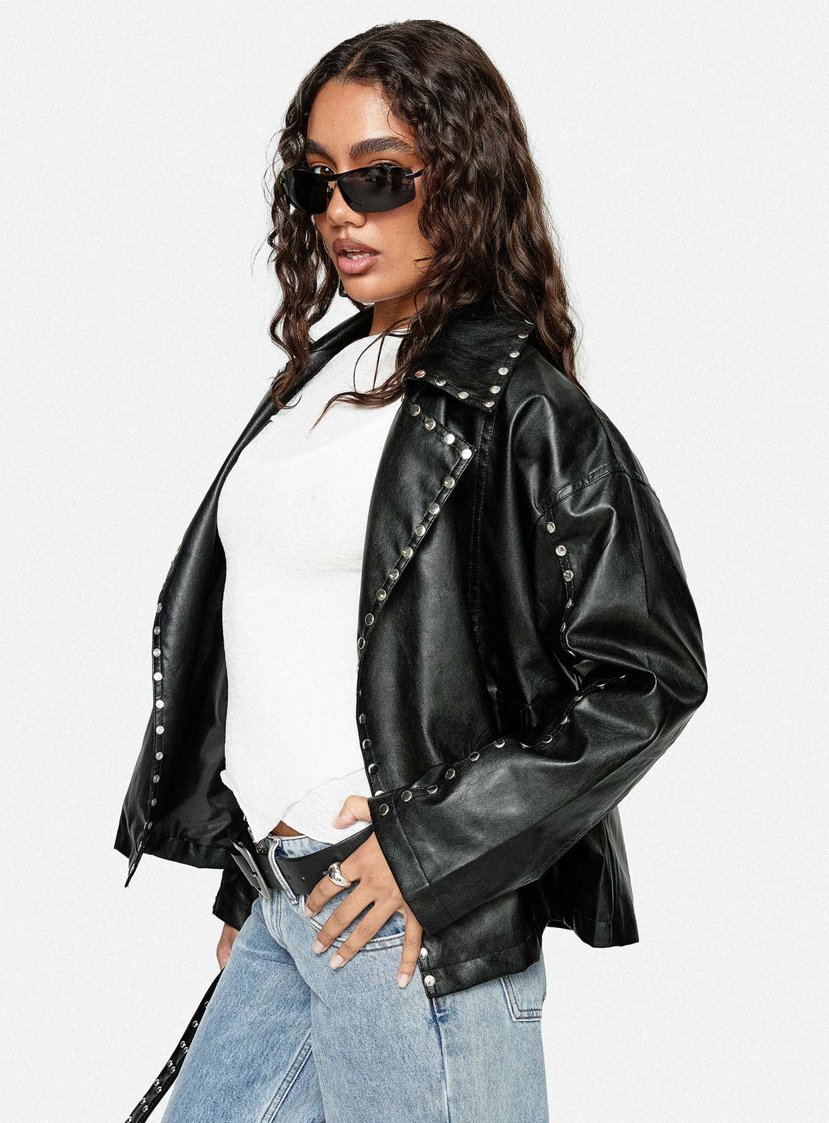 Kaeden Faux Leather Stud Detail Biker Jacket Black