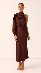 Esther One Shoulder Long Sleeve Dress - Brown