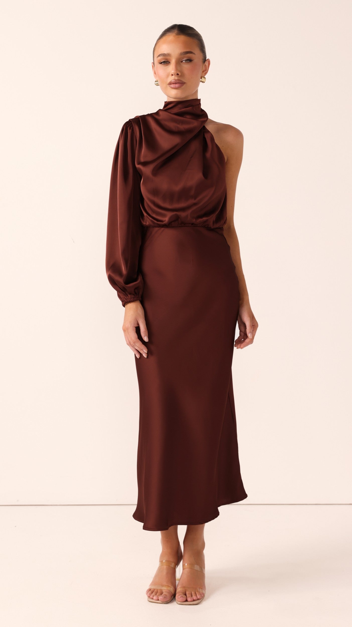Esther One Shoulder Long Sleeve Dress - Brown