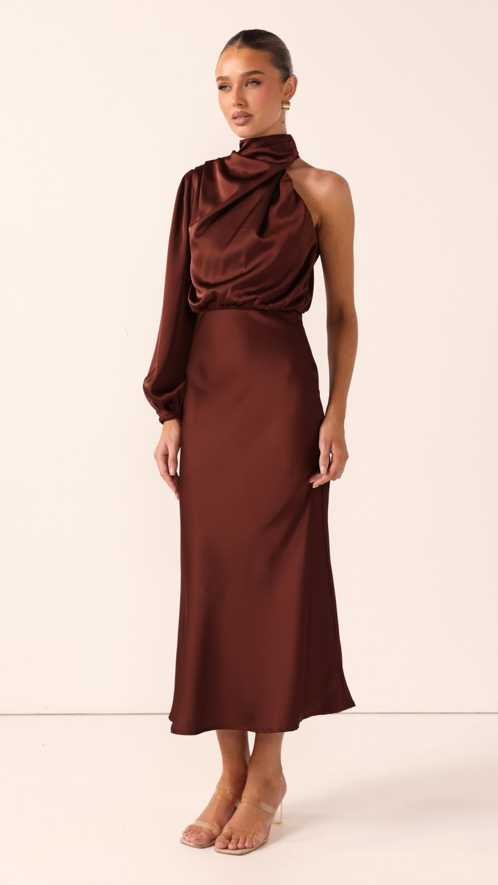 Esther One Shoulder Long Sleeve Dress - Brown