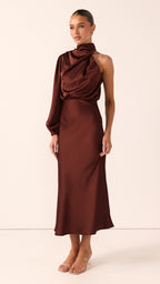 Esther One Shoulder Long Sleeve Dress - Brown