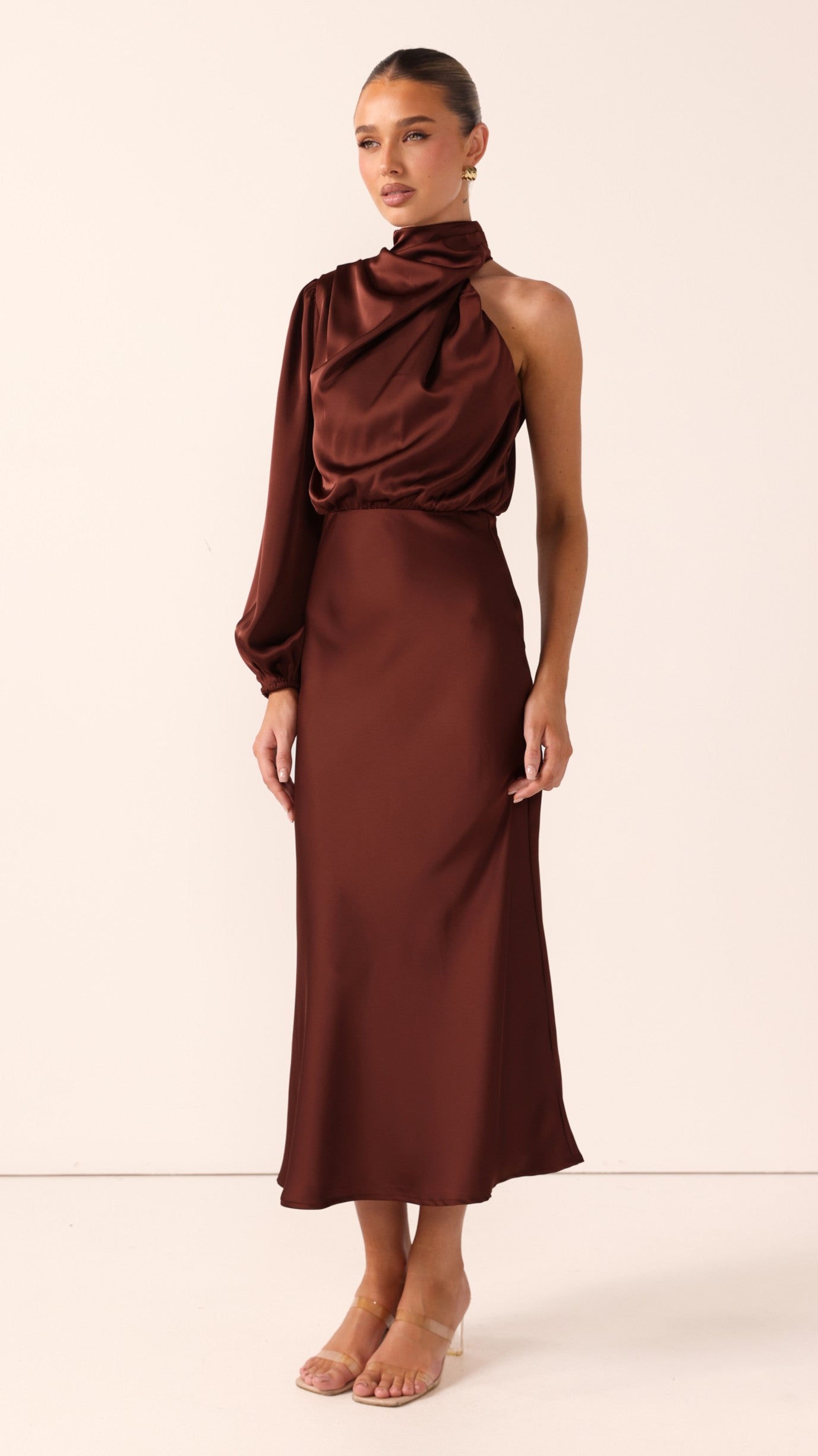 Esther One Shoulder Long Sleeve Dress - Brown
