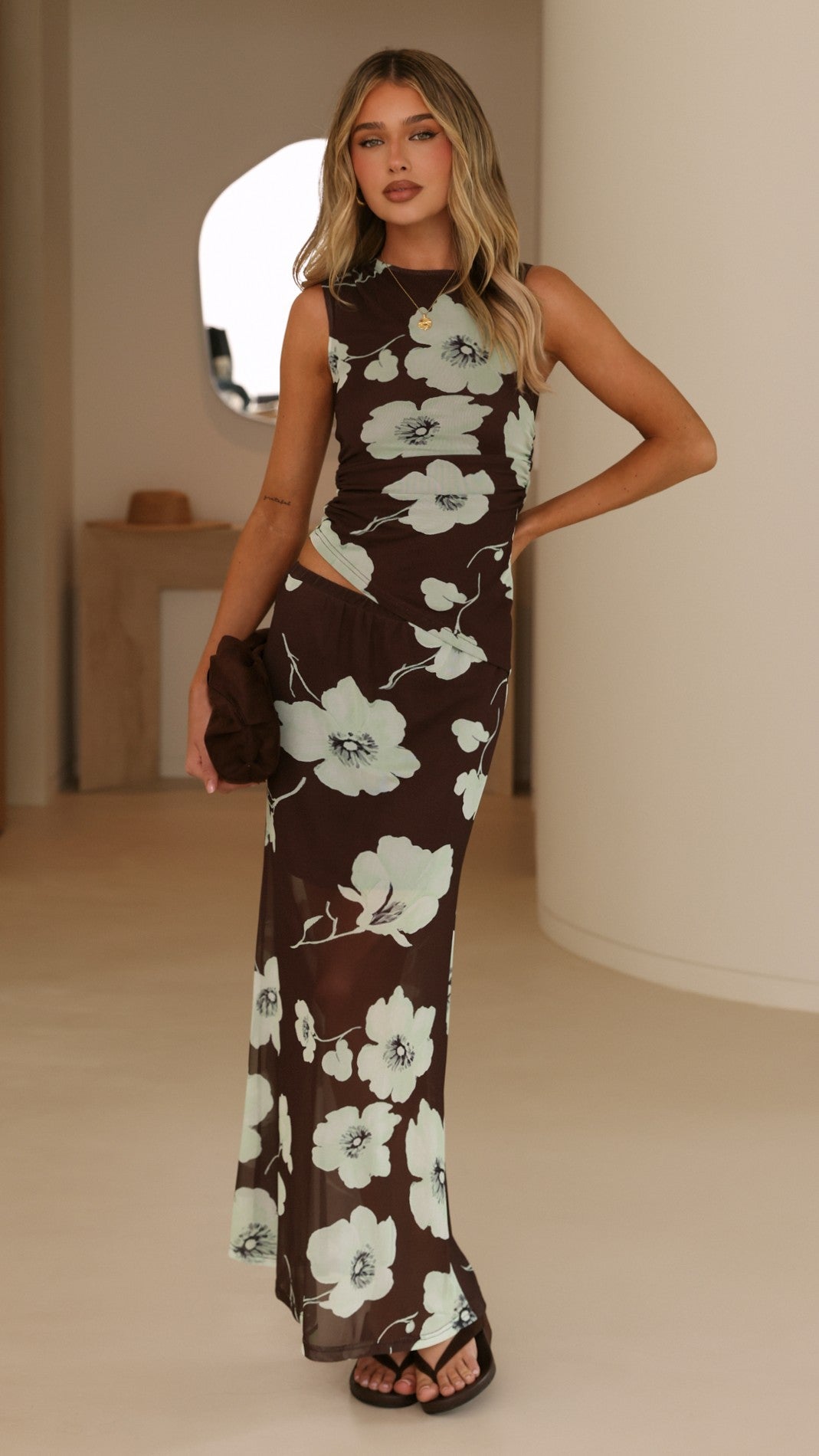 Onella Sheer Maxi Skirt - Mocha Blossom