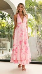 Kathy Halter Neck Maxi Dress - Pink Floral