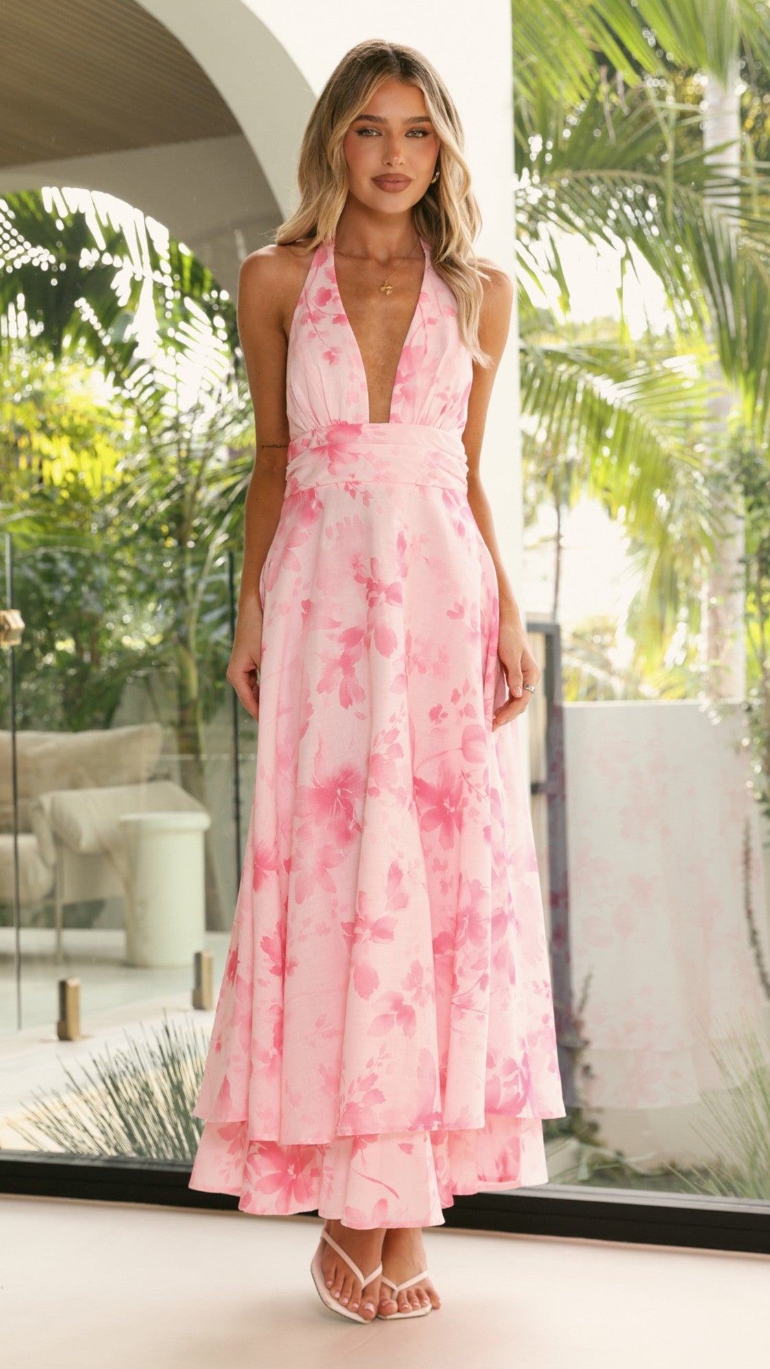 Kathy Halter Neck Maxi Dress - Pink Floral