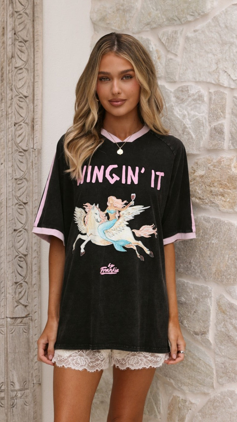 Wingin It Tee - Washed Black/Pink