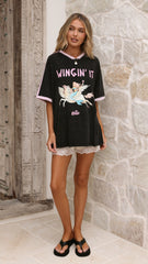 Wingin It Tee - Washed Black/Pink