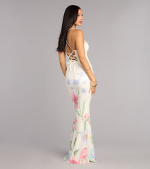 Melany Floral Sequin Lace-Up Formal Dress