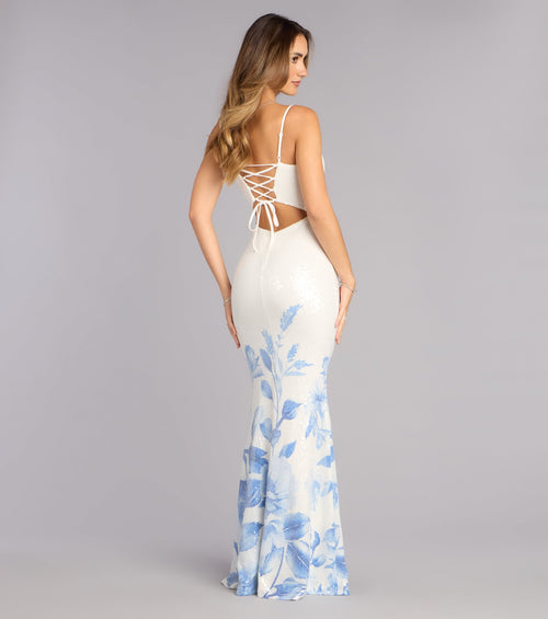 Annie Sequin Floral Lace-Up Formal Dress