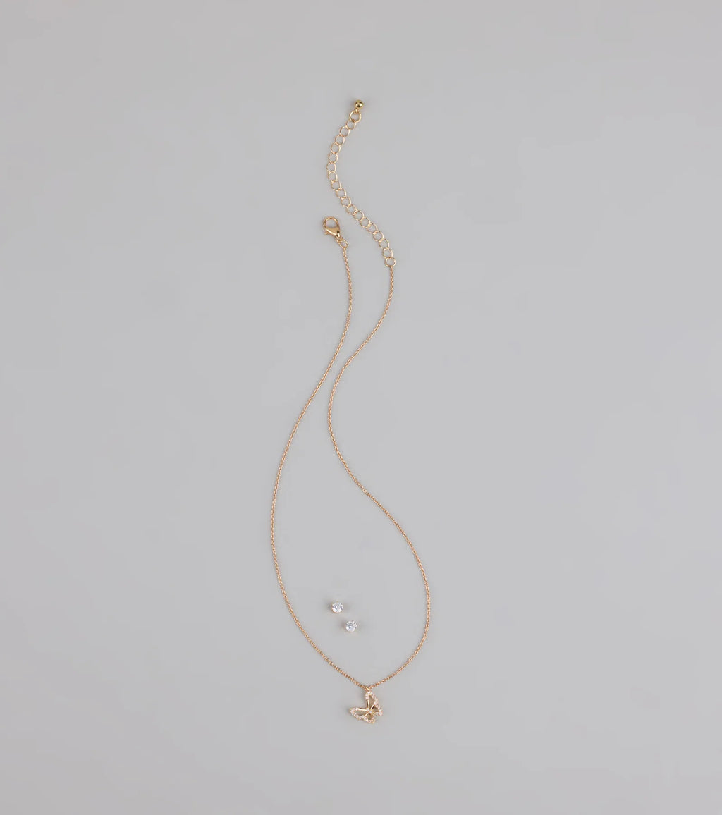 Soft Girl Sparkle Butterfly Necklace and Earrings Set