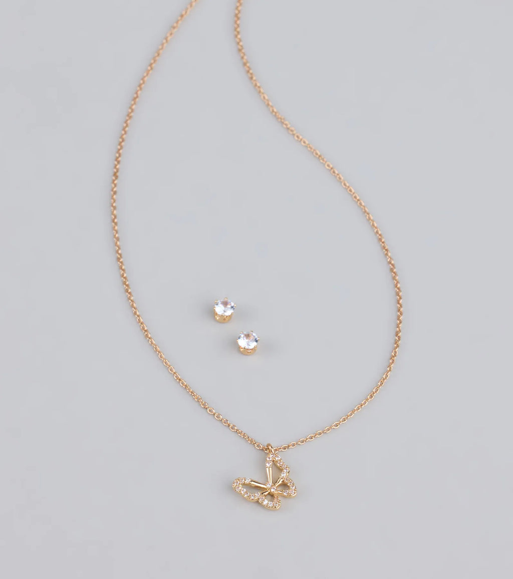 Soft Girl Sparkle Butterfly Necklace and Earrings Set