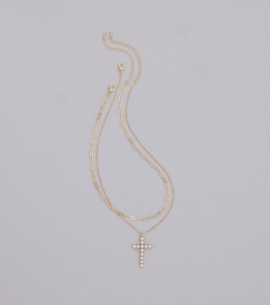 Devoted Love Faux Pearl Cross Chain Necklace