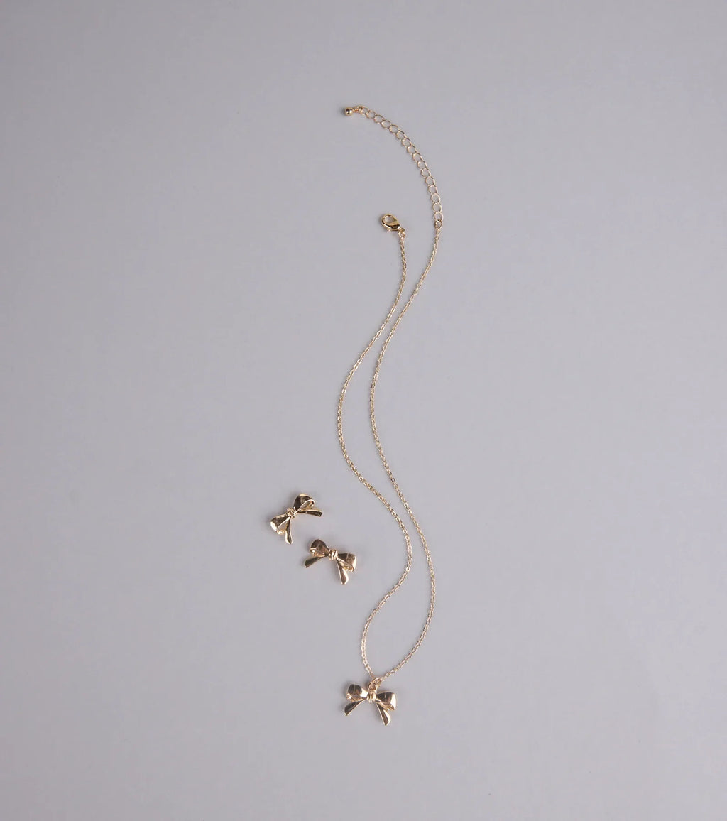 So Charming Bow Necklace And Stud Earrings Set