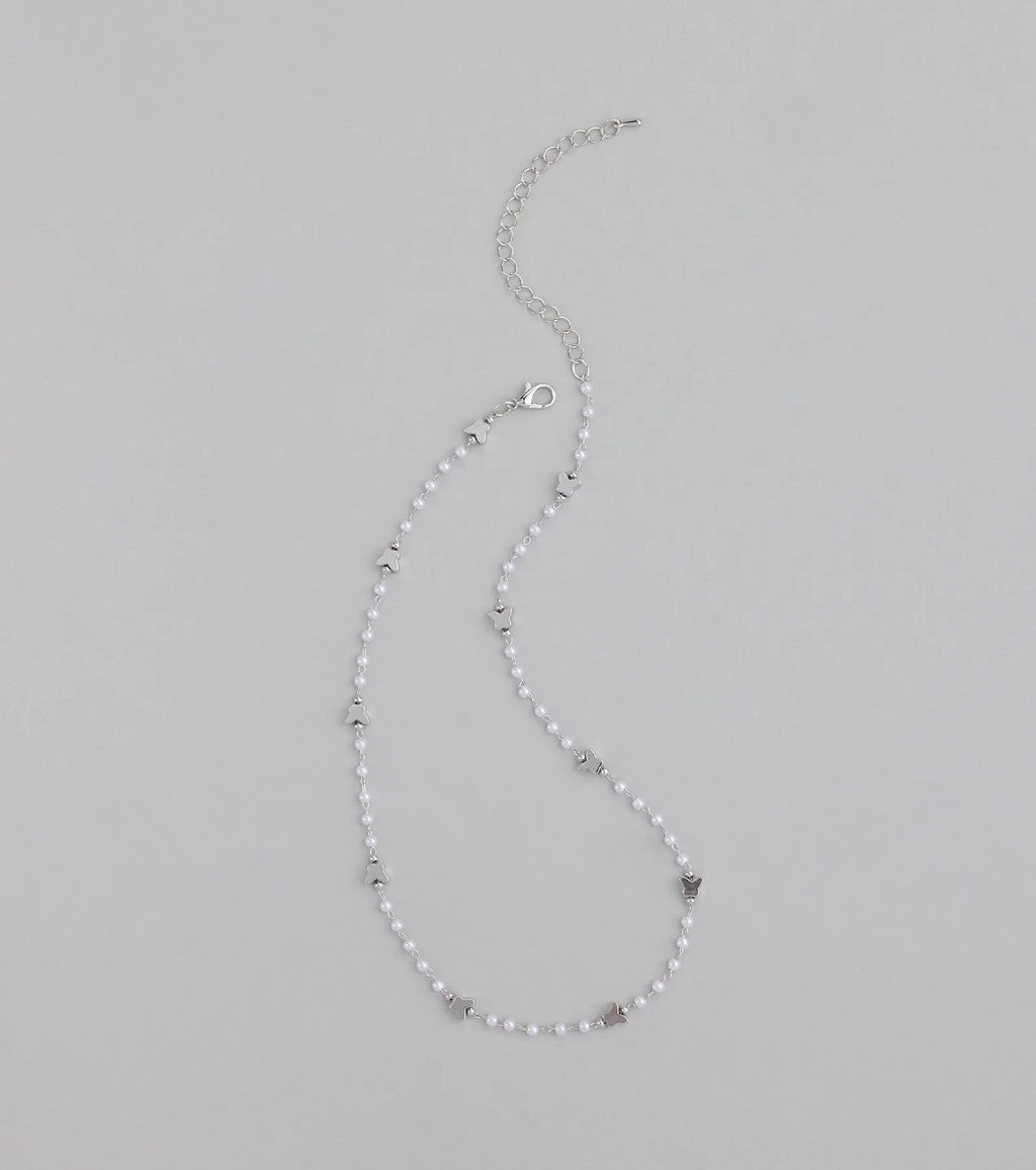Cute Dainty Butterfly Pearl Beaded Necklace