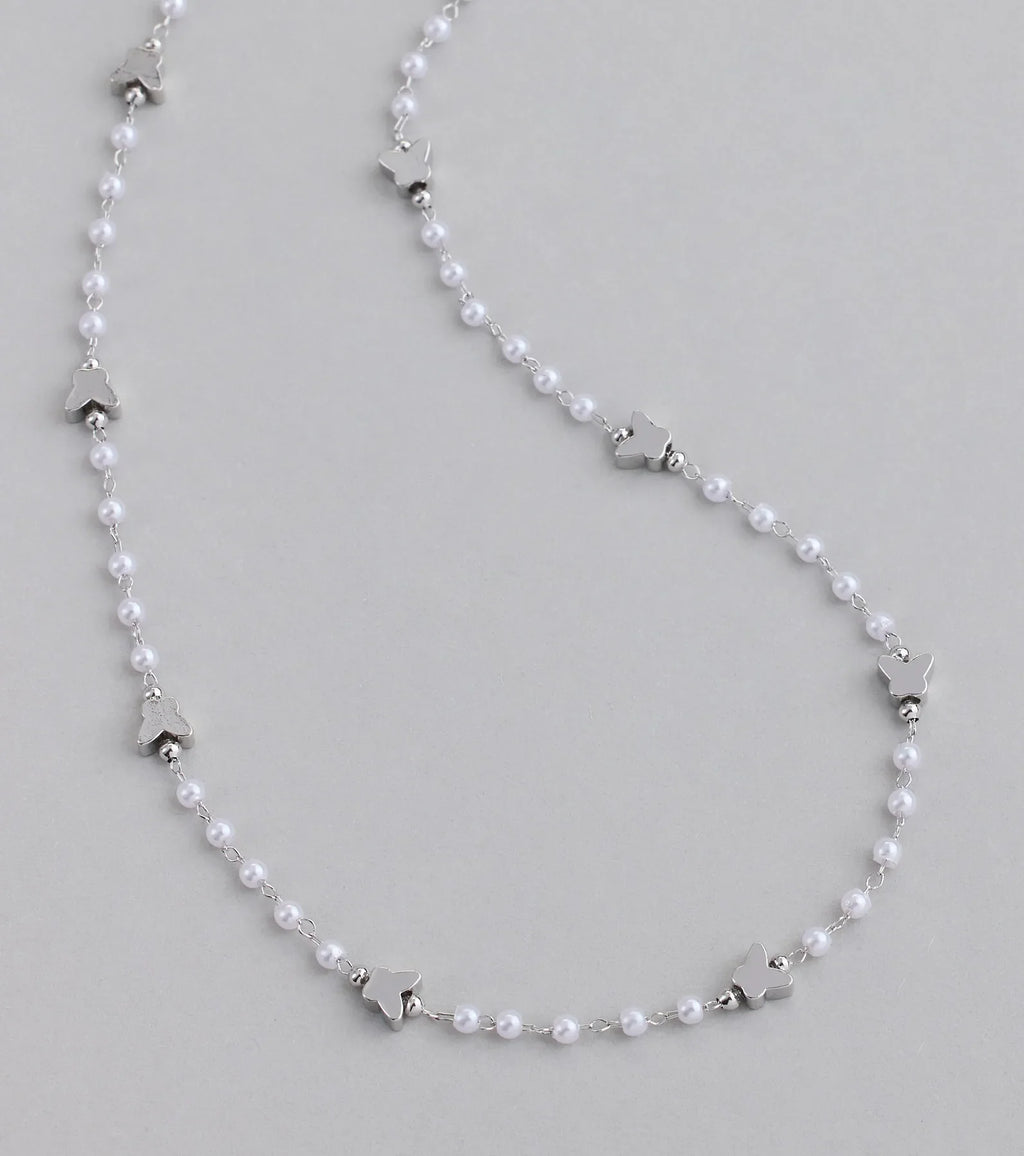 Cute Dainty Butterfly Pearl Beaded Necklace